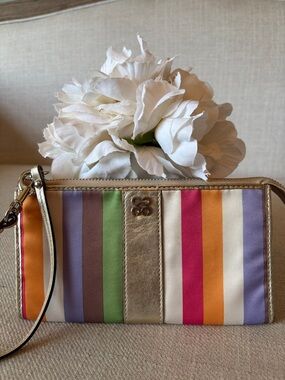Coach Julia Legacy Stripe Zippy Wallet Wristlet Gold Metallic Leather Trim